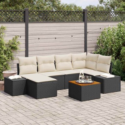 Conjunto de sofá de jardín con cojín 7 pcs Negro Poliratán