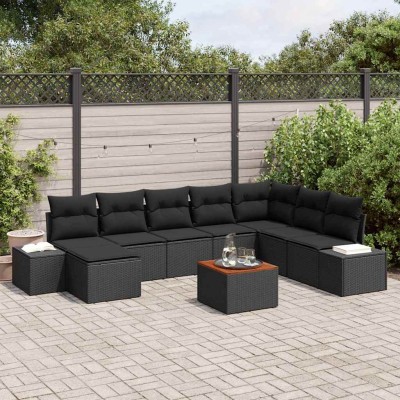 Conjunto de sofá de jardín con cojín 9 pcs Negro Poliratán