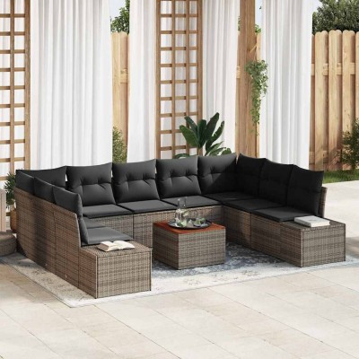 Conjunto de sofá de jardín con cojín 10 pcs Gris Poliratán