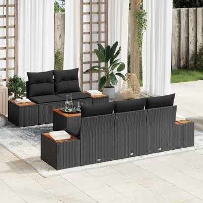 Conjunto de sofá de jardín con cojín 6 pcs Negro Poliratán