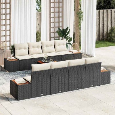 Conjunto de sofá de jardín con cojín 9 pcs Negro Poliratán