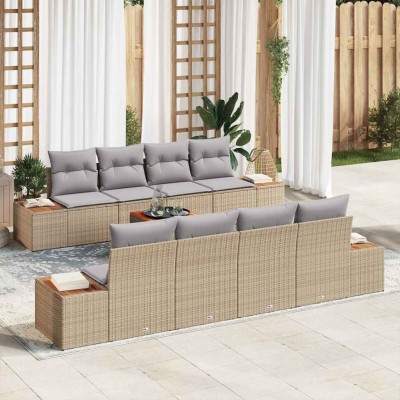 Conjunto de sofá de jardín con cojín 9 pcs Beige Poliratán
