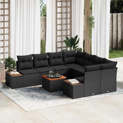 Conjunto de sofá de jardín con cojín 9 pcs Negro Poliratán