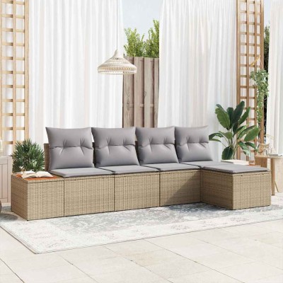 Conjunto de sofá de jardín con cojín 5 pcs Beige Poliratán