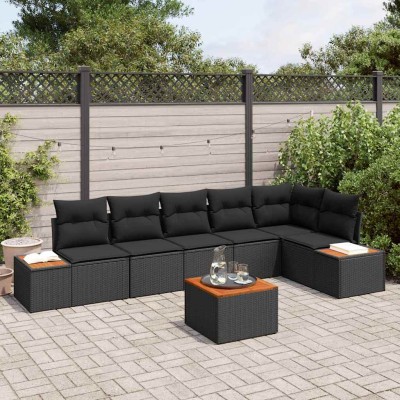 Conjunto de sofá de jardín con cojín 7 pcs Negro Poliratán