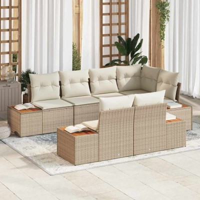 Conjunto de sofá de jardín con cojín 7 pcs Beige Poliratán