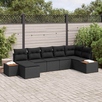 Conjunto de sofá de jardín con cojín 7 pcs Negro Poliratán