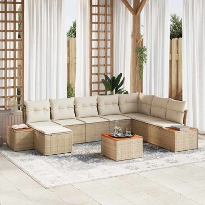 Conjunto de sofá de jardín con cojín 9 pcs Beige Poliratán