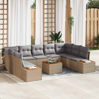 Conjunto de sofá de jardín con cojín 10 pcs Beige Poliratán