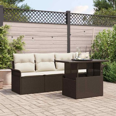 Conjunto de sofá de jardín con cojín 5 pcs Marrón Poliratán