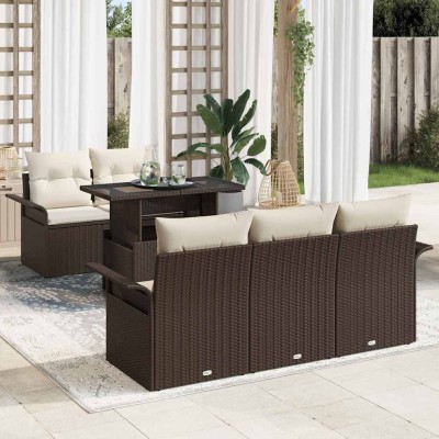 Conjunto de sofá de jardín con cojín 6 pcs Marrón Poliratán