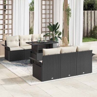 Conjunto de sofá de jardín con cojín 7 pcs Negro Poliratán