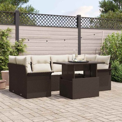 Conjunto de sofá de jardín con cojín 7 pcs Marrón Poliratán