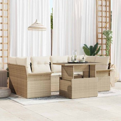 Conjunto de sofá de jardín con cojín 7 pcs Beige Poliratán