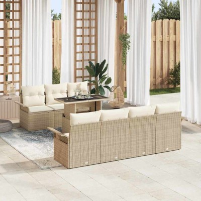 Conjunto de sofá de jardín con cojín 8 pcs Beige Poliratán