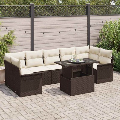 Conjunto de sofá de jardín con cojín 8 pcs Marrón Poliratán