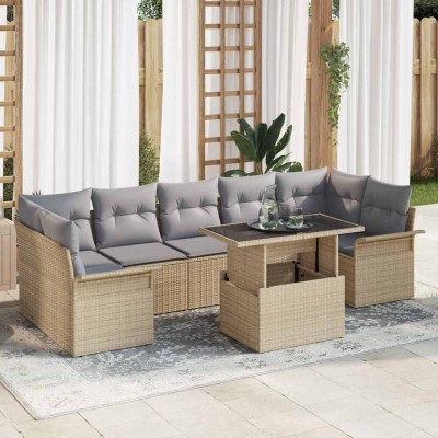 Conjunto de sofá de jardín con cojín 8 pcs Beige Poliratán