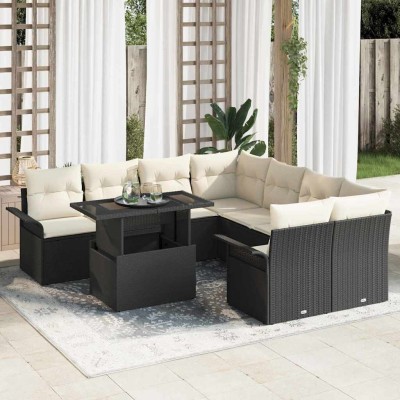 Conjunto de sofá de jardín con cojín 9 pcs Negro Poliratán
