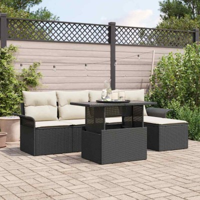 Conjunto de sofá de jardín con cojín 6 pcs Negro Poliratán
