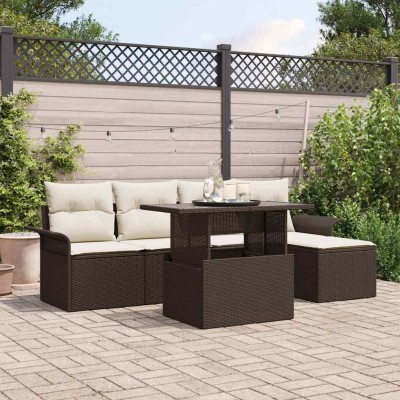 Conjunto de sofá de jardín con cojín 6 pcs Marrón Poliratán