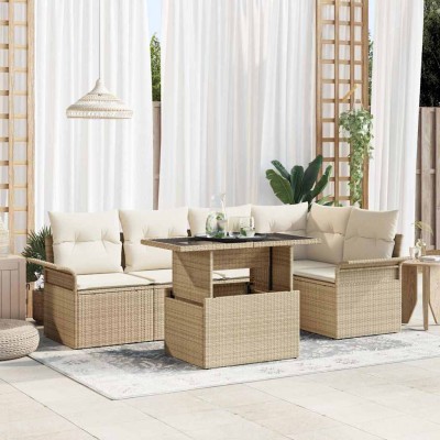 Conjunto de sofá de jardín con cojín 6 pcs Beige Poliratán