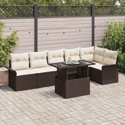 Conjunto de sofá de jardín con cojín 7 pcs Marrón Poliratán