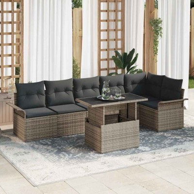 Conjunto de sofá de jardín con cojín 7 pcs Gris Poliratán