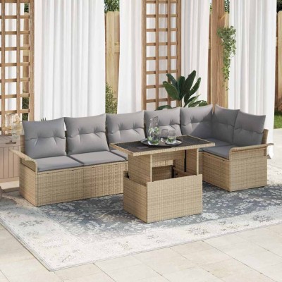 Conjunto de sofá de jardín con cojín 7 pcs Beige Poliratán