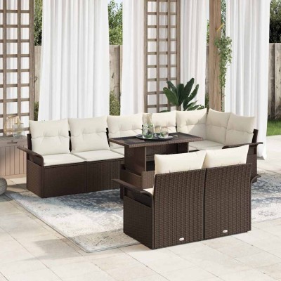 Conjunto de sofá de jardín con cojín 9 pcs Marrón Poliratán