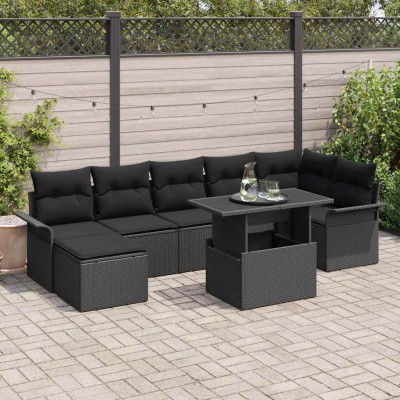 Conjunto de sofá de jardín con cojín 8 pcs Negro Poliratán