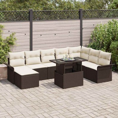 Conjunto de sofá de jardín con cojín 9 pcs Marrón Poliratán