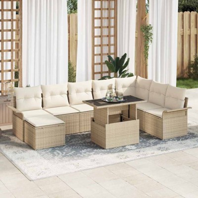 Conjunto de sofá de jardín con cojín 9 pcs Beige Poliratán
