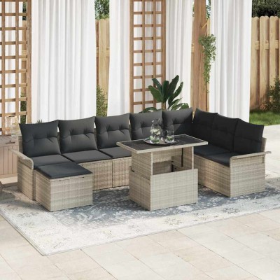 Conjunto de sofá de jardín con cojín 9 pcs Gris claro Poliratán