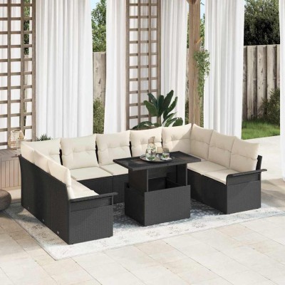 Conjunto de sofá de jardín con cojín 10 pcs Negro Poliratán
