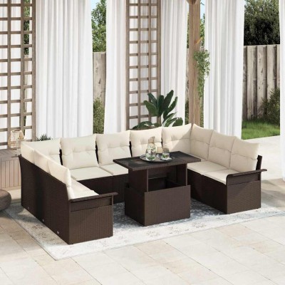 Conjunto de sofá de jardín con cojín 10 pcs Marrón Poliratán