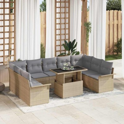 Conjunto de sofá de jardín con cojín 10 pcs Beige Poliratán