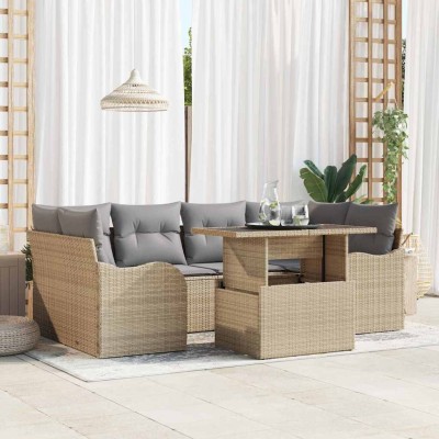 Conjunto de sofá de jardín con cojín 7 pcs Beige Poliratán