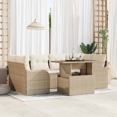 Conjunto de sofá de jardín con cojín 7 pcs Beige Poliratán