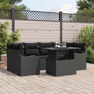 Conjunto de sofá de jardín con cojín 7 pcs Negro Poliratán