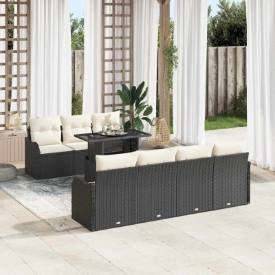 Conjunto de sofá de jardín con cojín 8 pcs Negro Poliratán