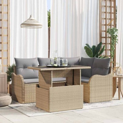 Conjunto de sofá de jardín con cojín 5 pcs Beige Poliratán