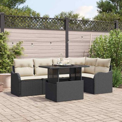 Conjunto de sofá de jardín con cojín 6 pcs Negro Poliratán