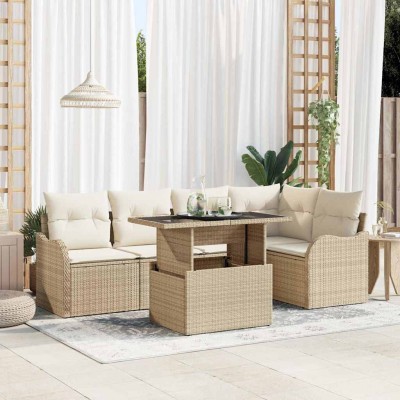 Conjunto de sofá de jardín con cojín 6 pcs Beige Poliratán Conjunto de sofá de jardín con cojín 6 pcs Beige Poliratán