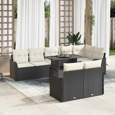 Conjunto de sofá de jardín con cojín 9 pcs Negro Poliratán