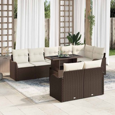 Conjunto de sofá de jardín con cojín 9 pcs Marrón Poliratán