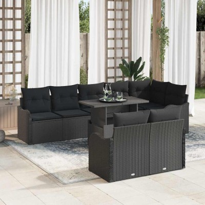 Conjunto de sofá de jardín con cojín 9 pcs Negro Poliratán