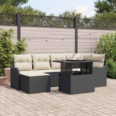 Conjunto de sofá de jardín con cojín 7 pcs Negro Poliratán