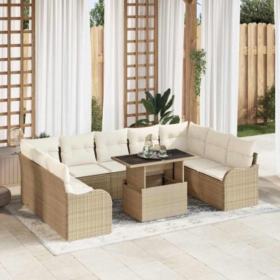 Conjunto de sofá de jardín con cojín 10 pcs Beige Poliratán