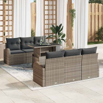 Conjunto de sofá de jardín con cojín 7 pcs Gris Poliratán