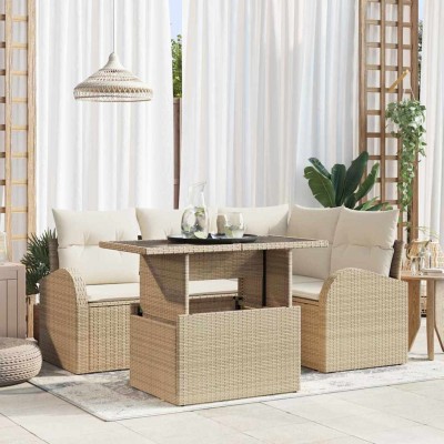 Conjunto de sofá de jardín con cojín 5 pcs Beige Poliratán